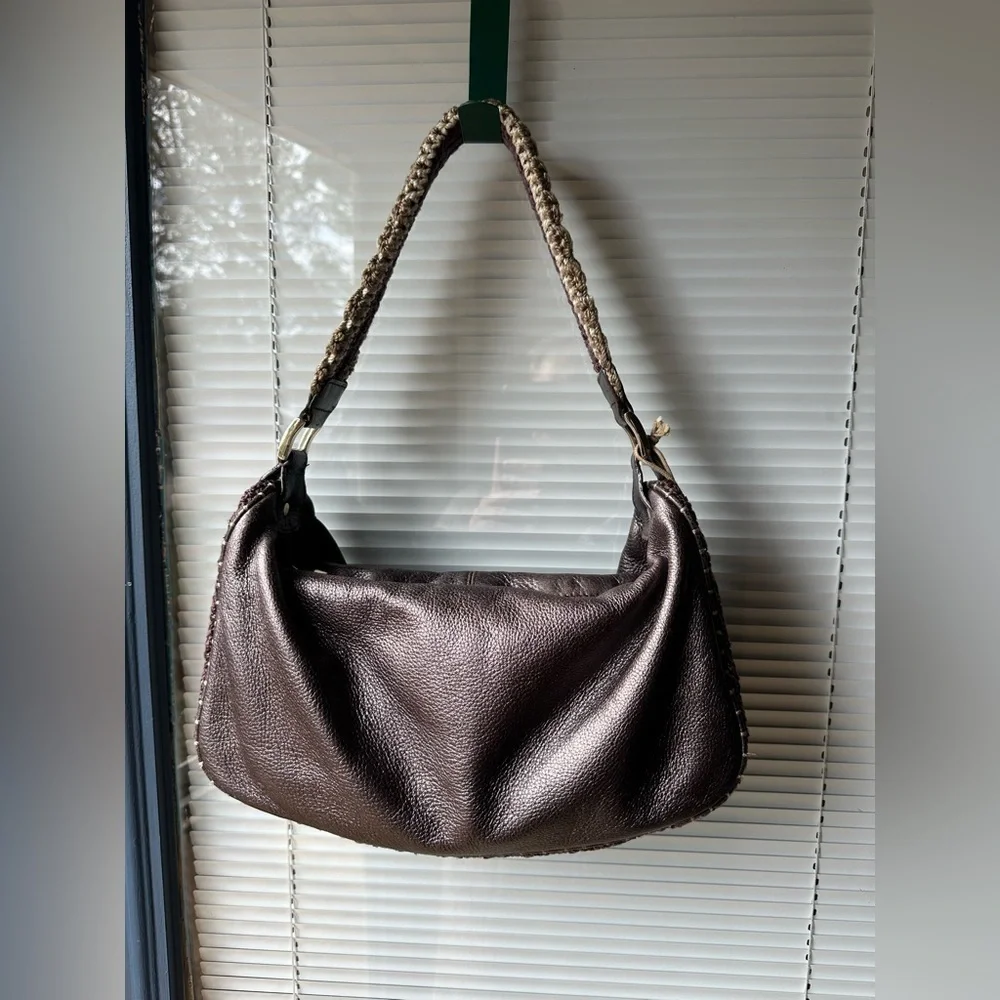 The Sak Metallic Bronze Brown Leather Small Crochet Shoulder Bag Y2K Boho